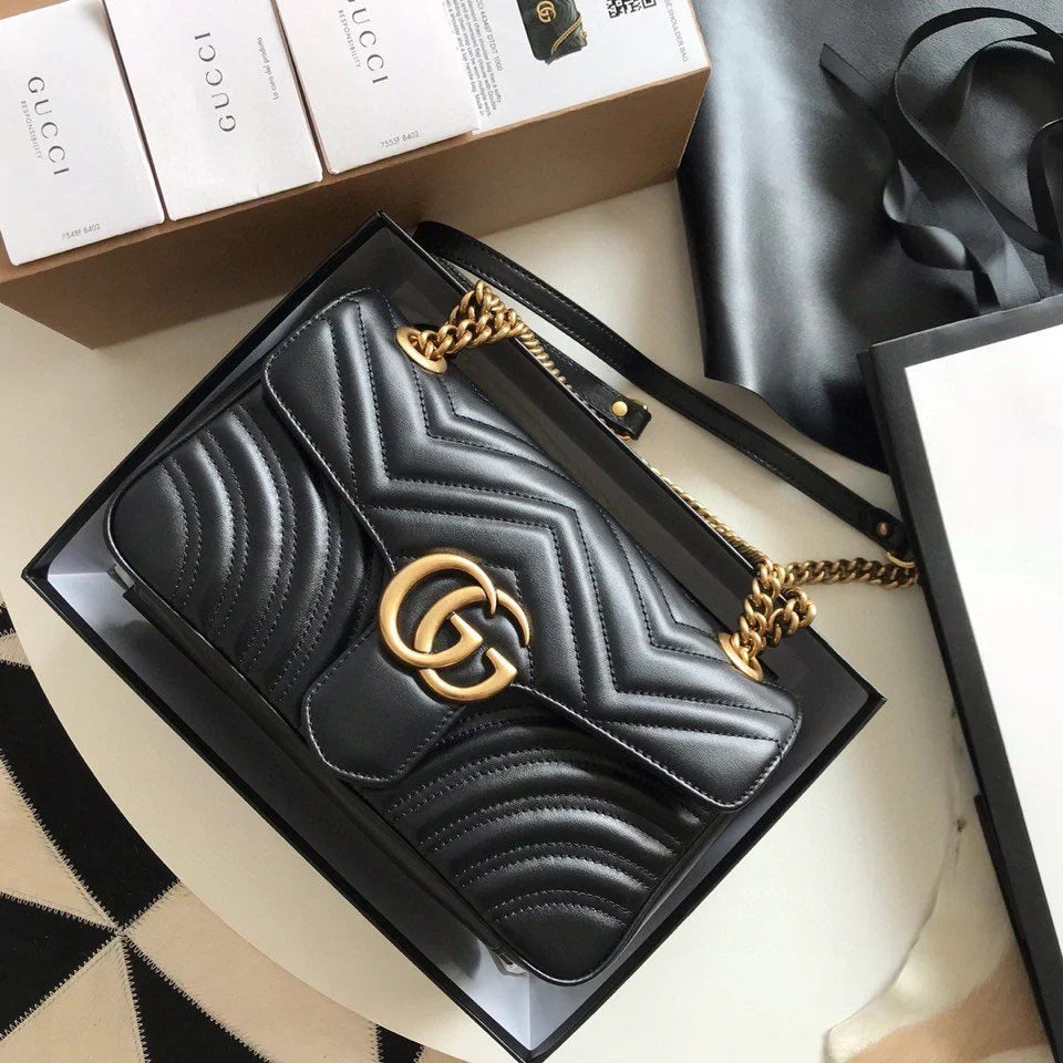 Shoulder Bag in Black Chevron Quilted Leather with Gold Chain, image 4