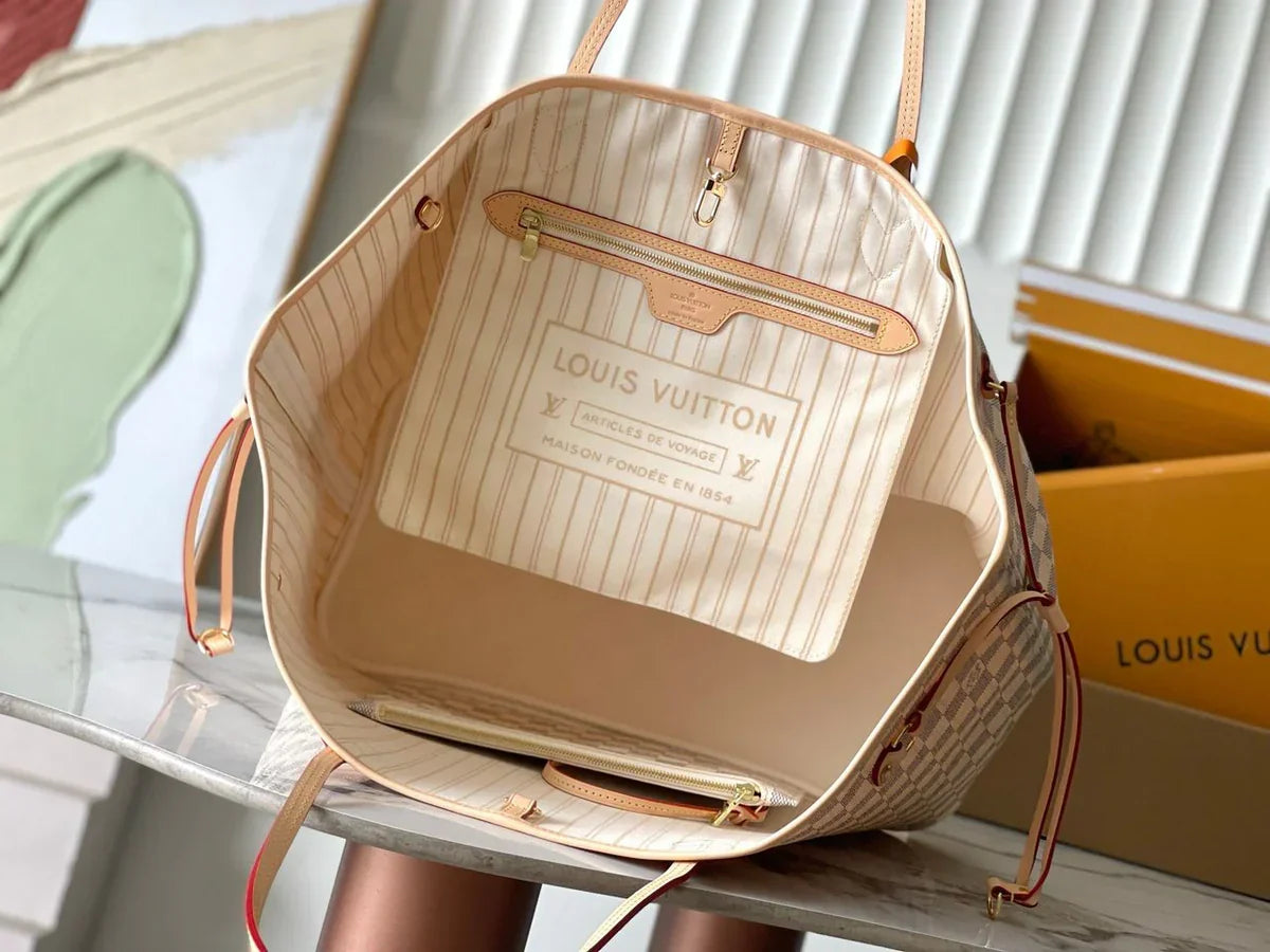 Large Open Tote in Cream Checkered Canvas with Tan Trim, image 4
