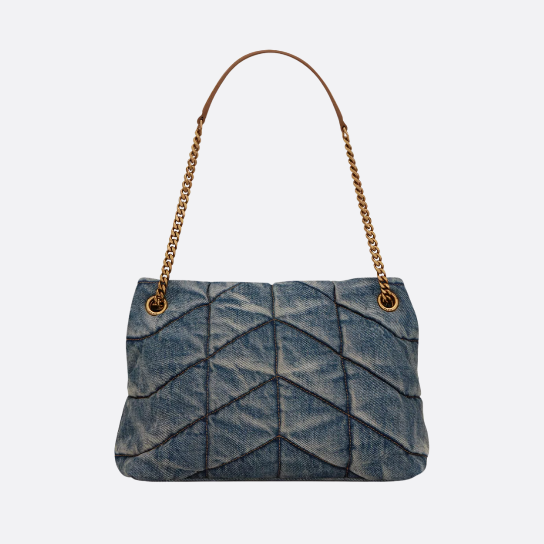 Quilted Shoulder Bag in Blue Washed Denim with Gold Chain, image 8