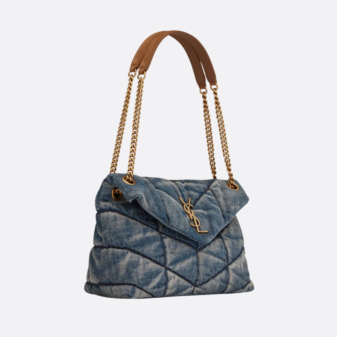 Quilted Shoulder Bag in Blue Washed Denim with Gold Chain, image 10