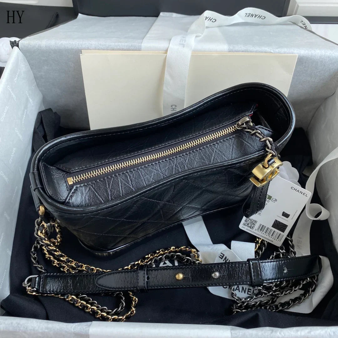 Hobo Bag in Black Aged Quilted Leather with Two-Tone Chain, image 3