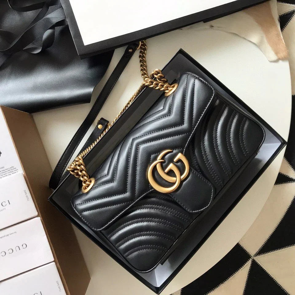 Shoulder Bag in Black Chevron Quilted Leather with Gold Chain, image 3
