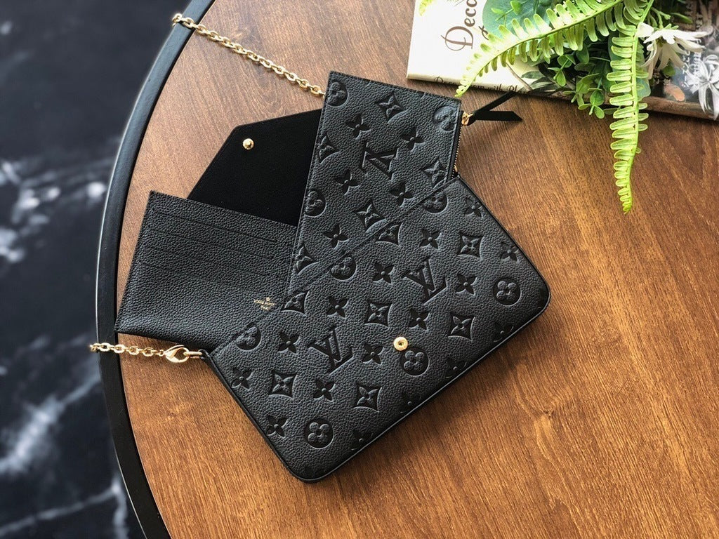 Flat Crossbody Clutch in Black Embossed Leather with Gold Chain, image 4