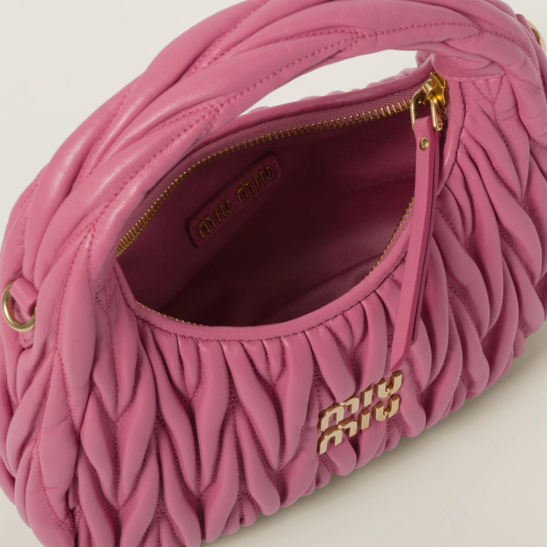 Mini Hobo Bag in Pink Ruched Nappa Leather with Zip Top, image 5