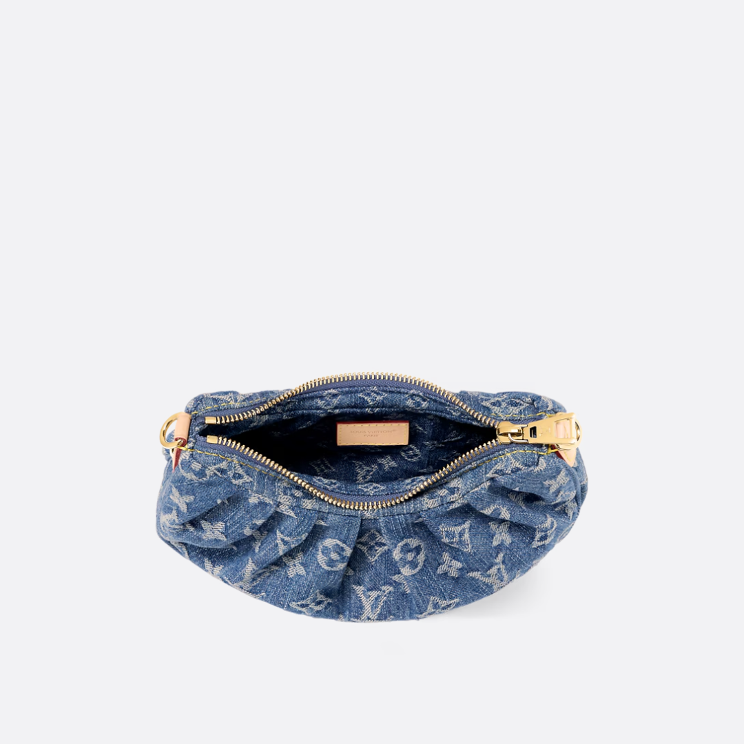 Gathered Hobo Bag in Blue Washed Denim with Gold Zip, image 4