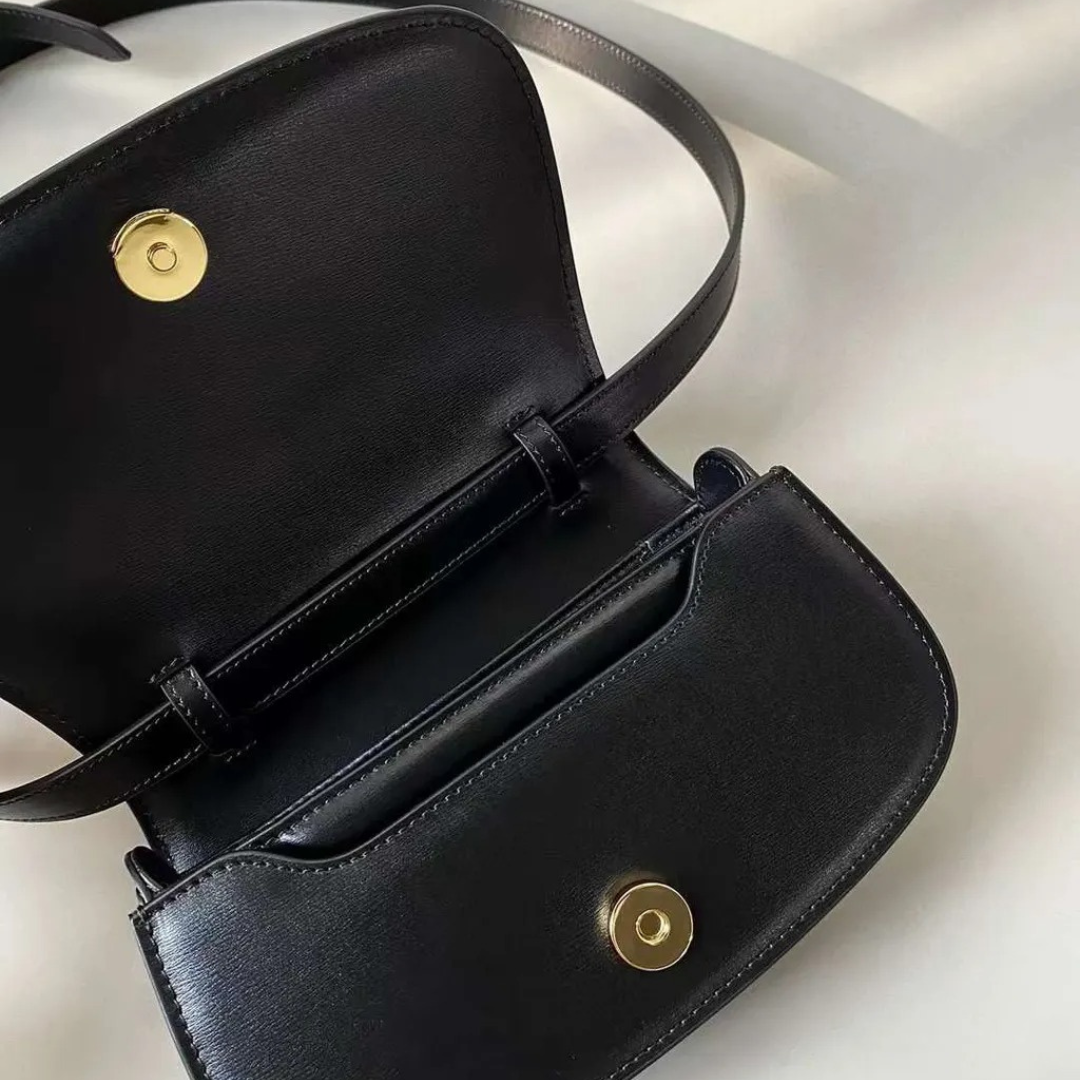 Top Handle Bag in Black Smooth Leather with Buckle Strap, image 9