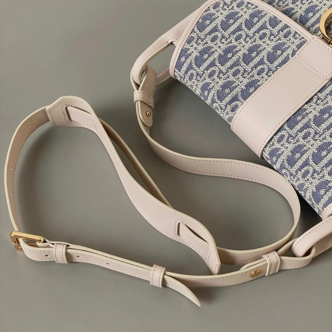 Half-Moon Shoulder Bag in Blue Jacquard with Cream Trim, image 9