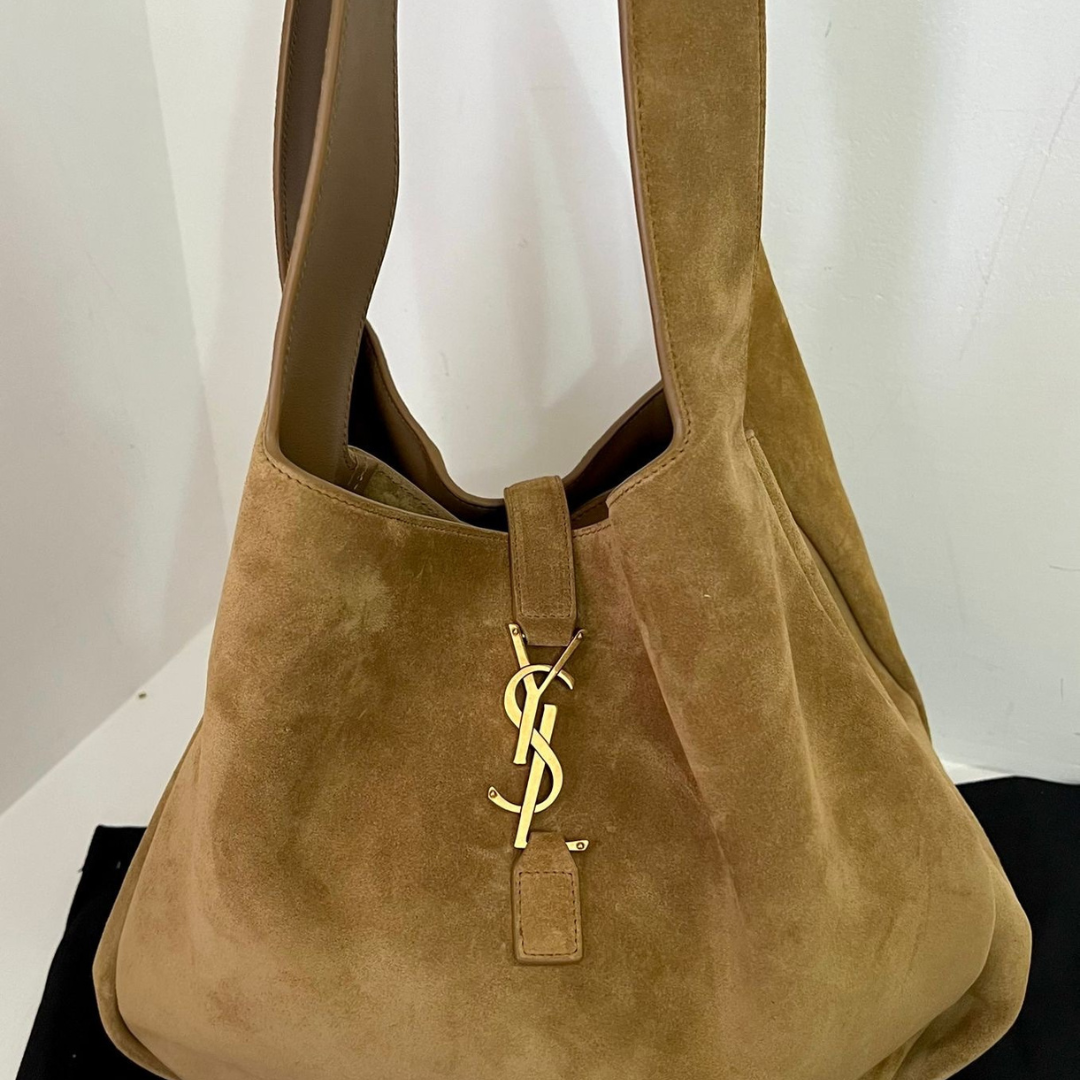 Shoulder Tote Bag in Tan Suede with Gold Closure, image 4