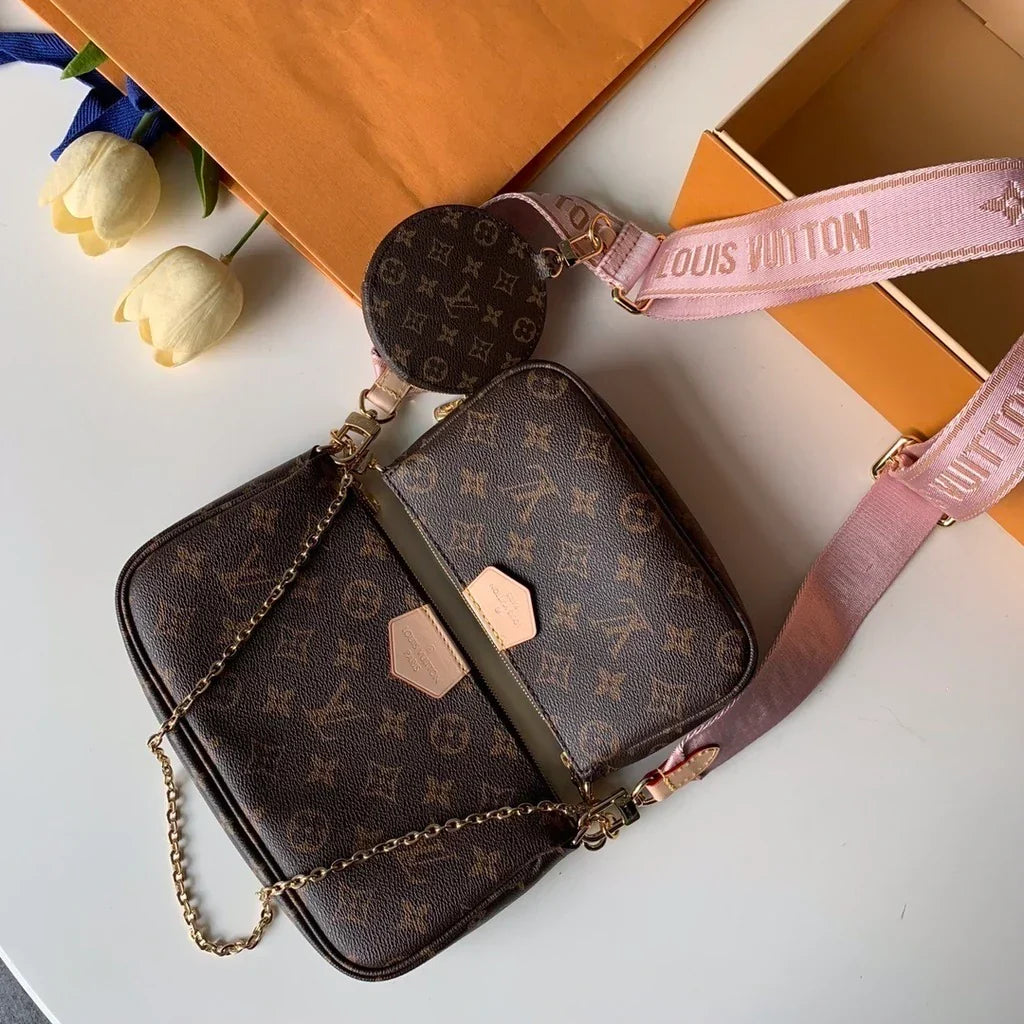 Crossbody Pouch Set in Brown Printed Canvas with Pink Strap, image 3