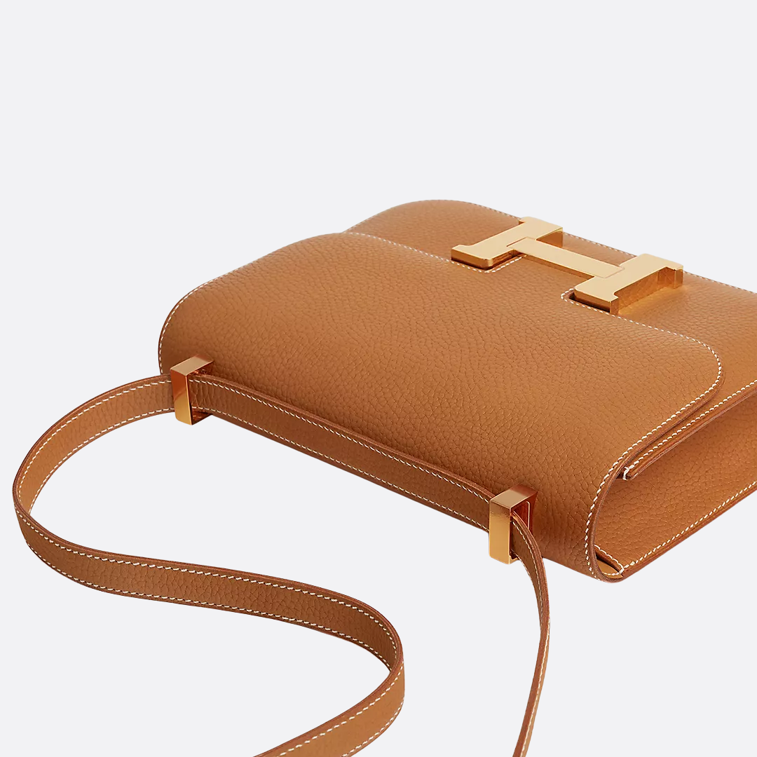 Top Handle Bag in Tan Grained Leather with Gold Flap Clasp, image 6