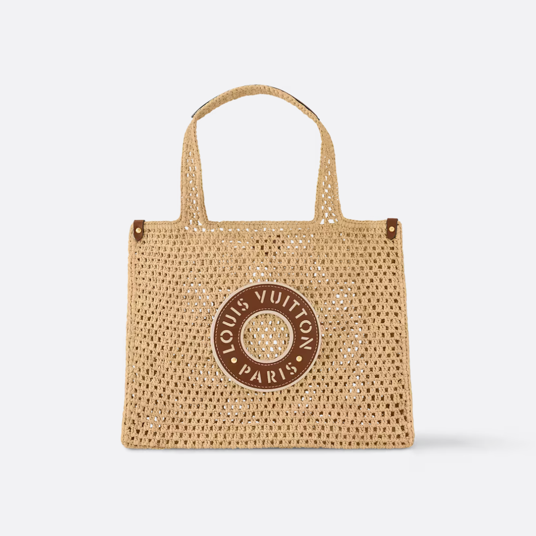Open-Weave Raffia Tote Bag with Round Brown Patch