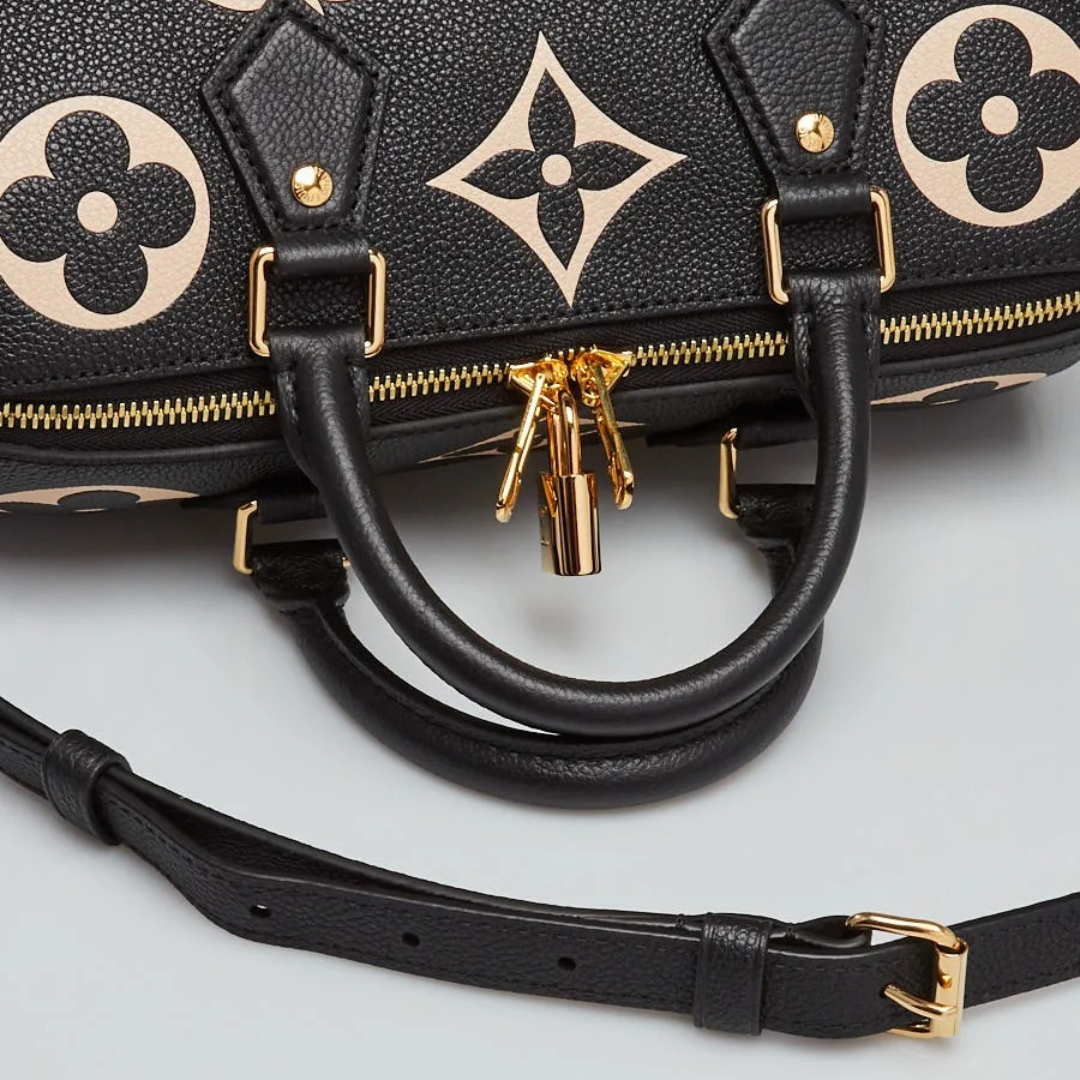 Top Handle Bag in Black Grained Leather with Beige Floral Print, image 10