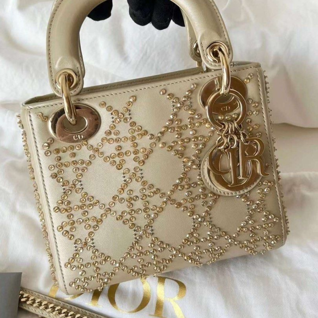 Mini Top Handle Bag in Champagne Quilted Leather with Studs, image 3