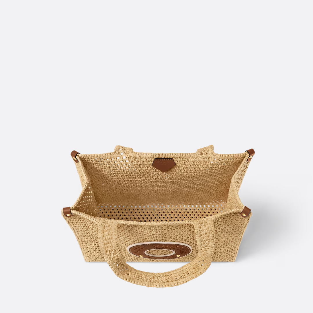 Open-Weave Raffia Tote Bag with Round Brown Patch, image 5