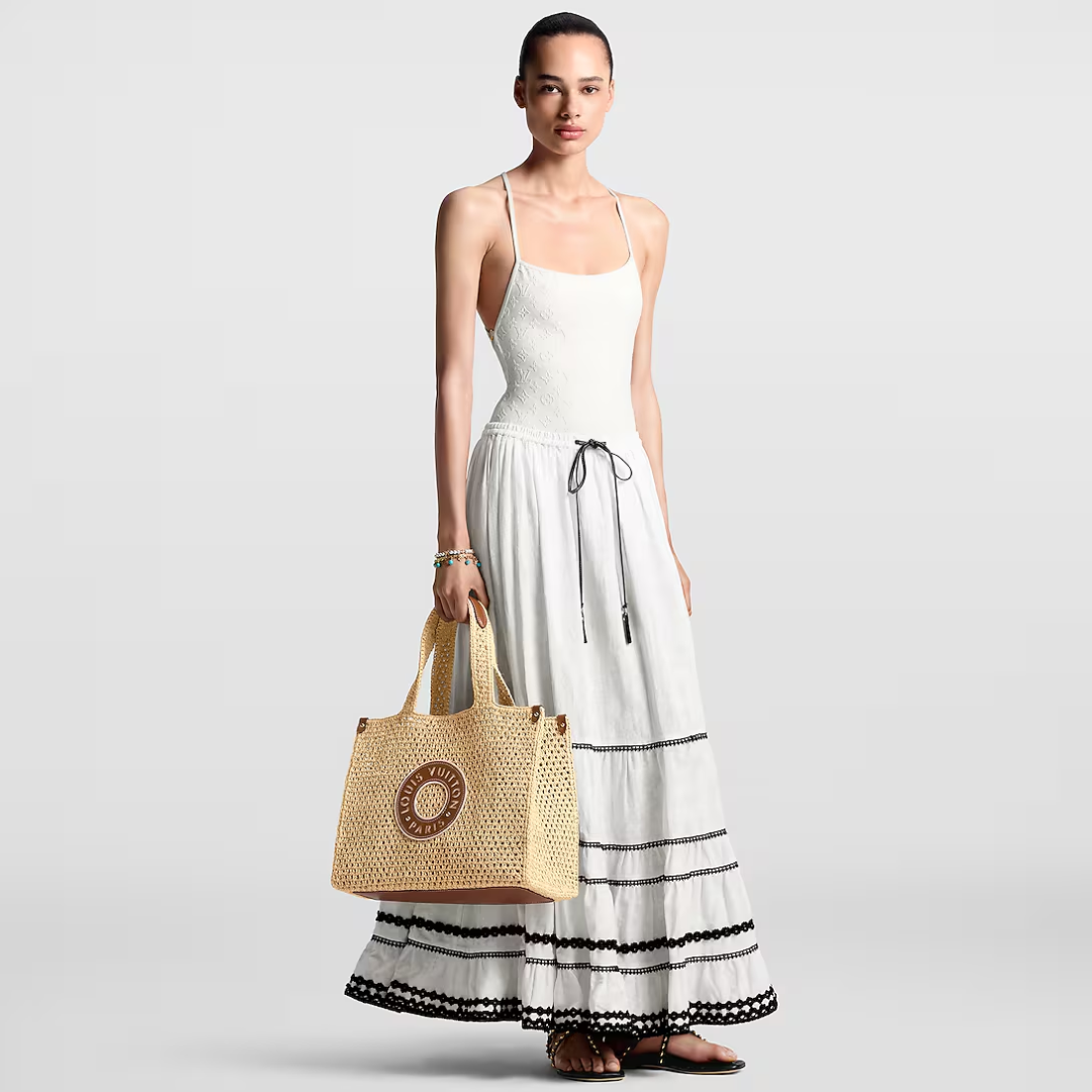 Open-Weave Raffia Tote Bag with Round Brown Patch, image 2