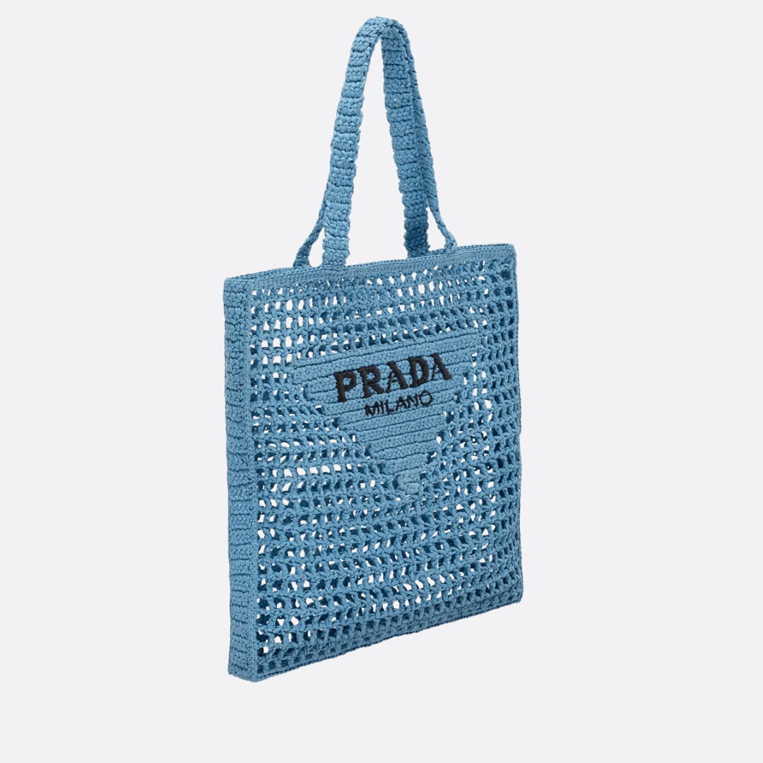 Tote Bag in Light Blue Open-Weave Crocheted Raffia, image 7