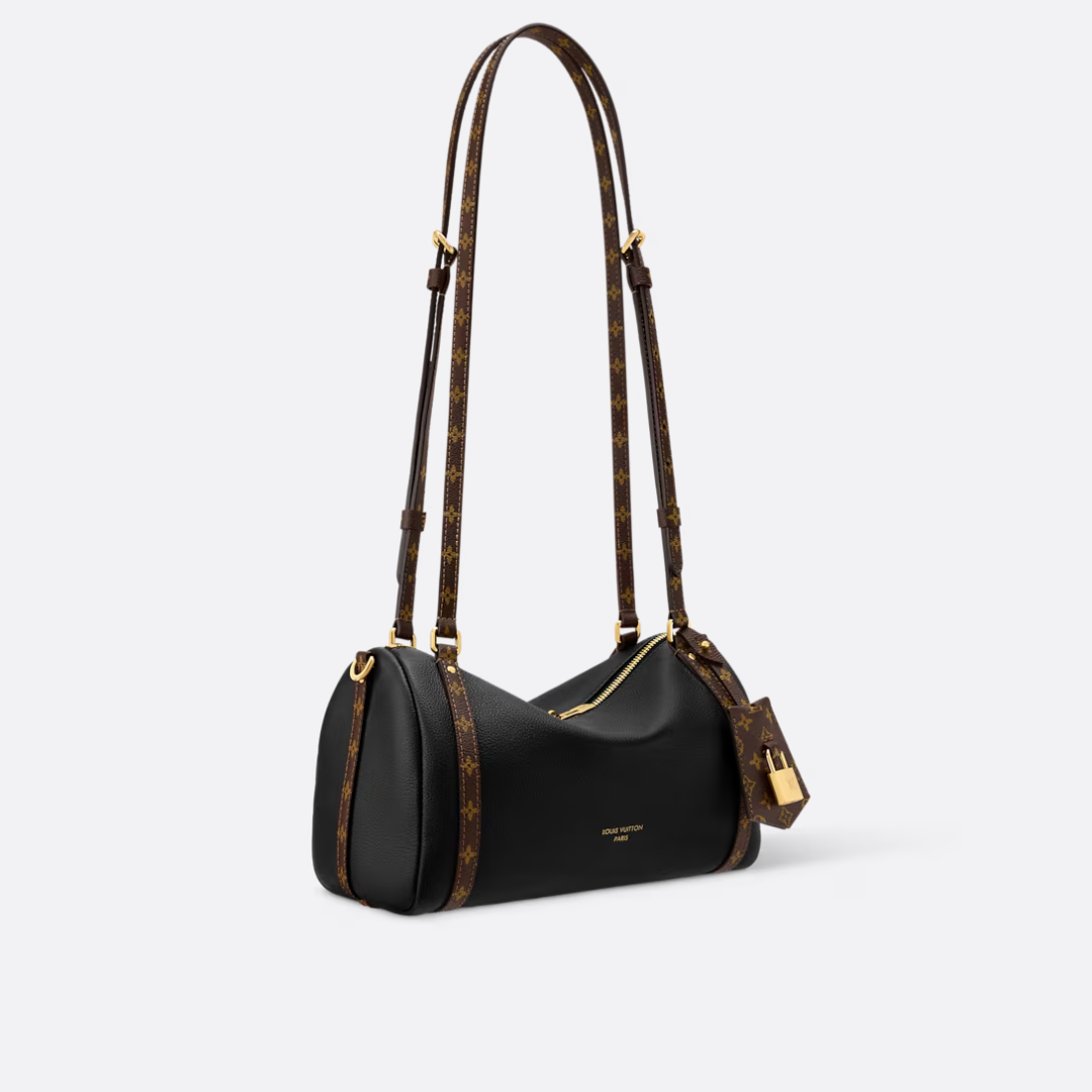 Shoulder Bag in Grained Leather with Printed Canvas Straps, image 11