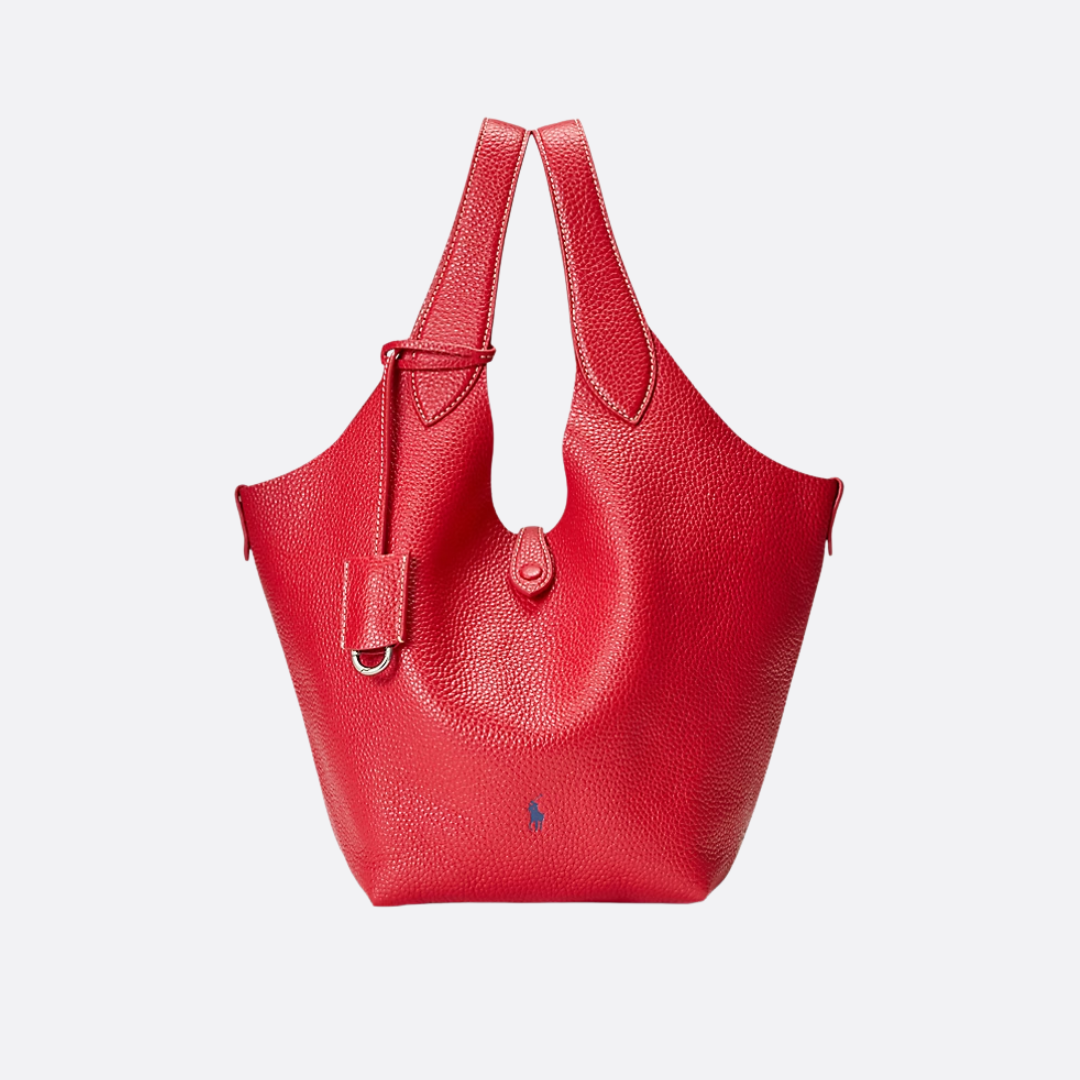 Small Bucket Tote Bag in Grained Leather with Tab Closure, image 13