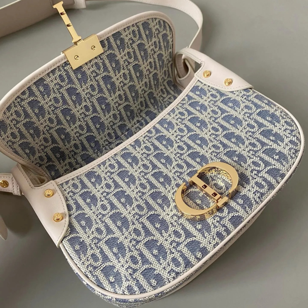Half-Moon Shoulder Bag in Blue Jacquard with Cream Trim, image 5