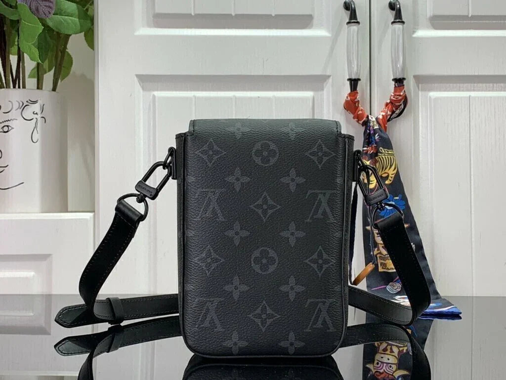 Men's Vertical Phone Crossbody Bag in Black Coated Canvas, image 2