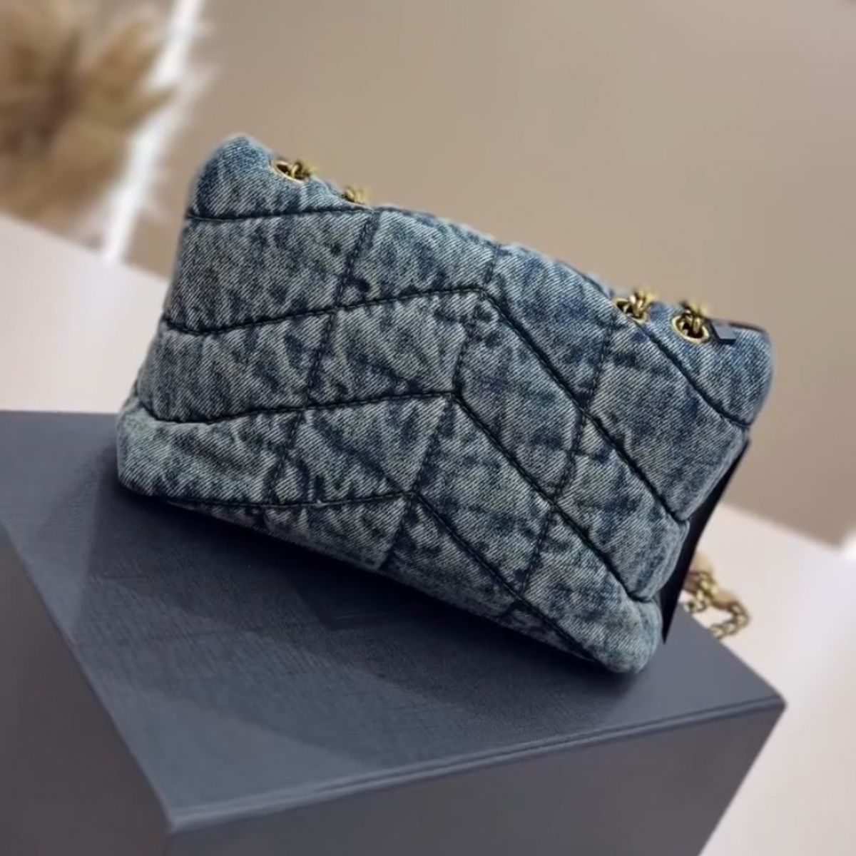 Quilted Shoulder Bag in Blue Washed Denim with Gold Chain, image 5