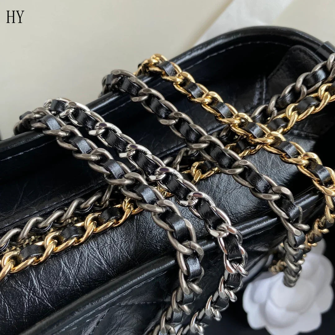 Hobo Bag in Black Aged Quilted Leather with Two-Tone Chain, image 9