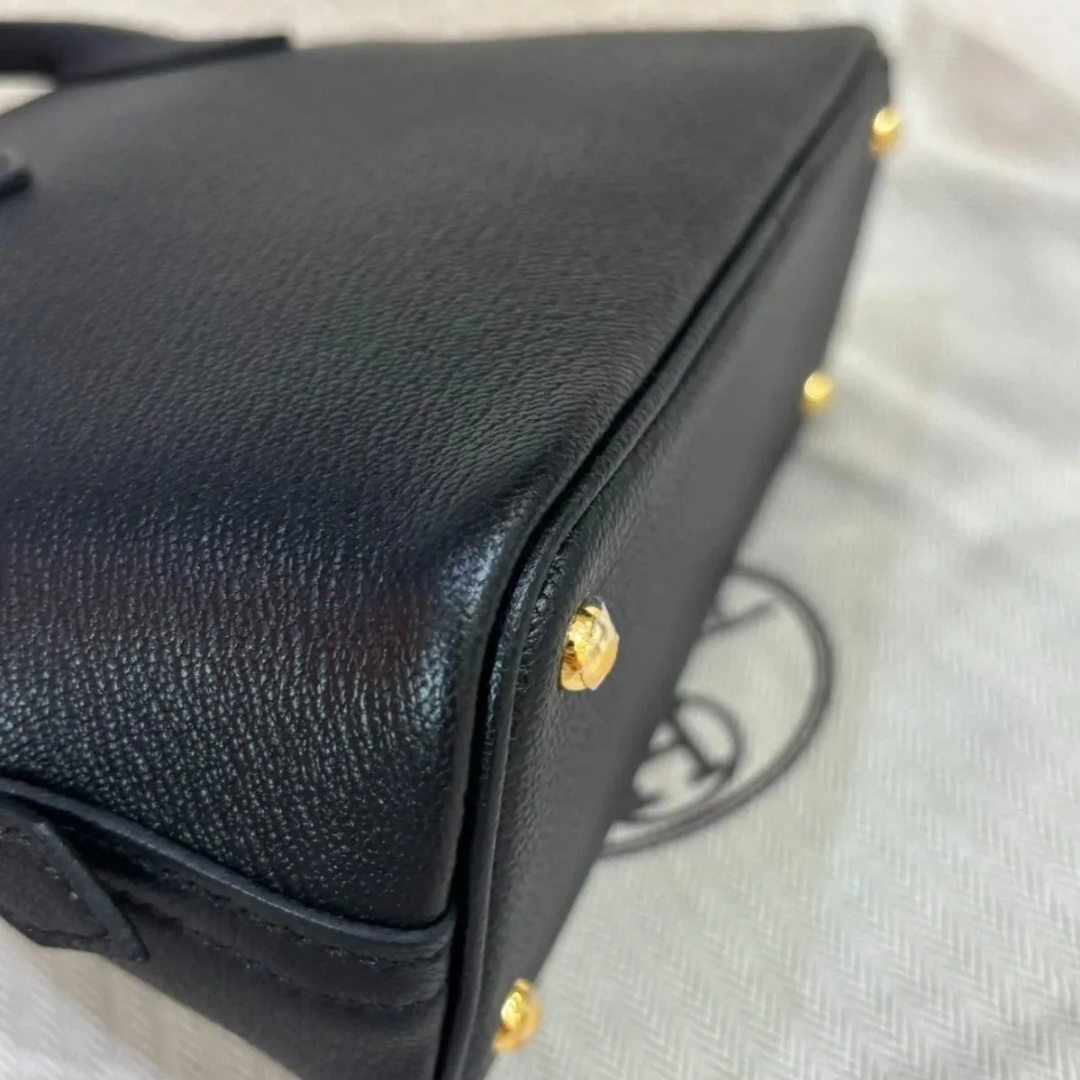 Domed Top Handle Bag in Black Leather with Striped Strap, image 12