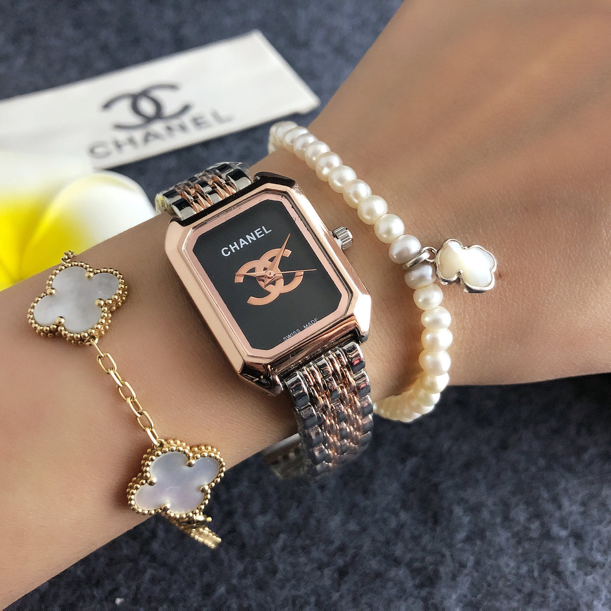 Rectangular Link Watch in Rose Gold and Silver with Black Dial, image 6