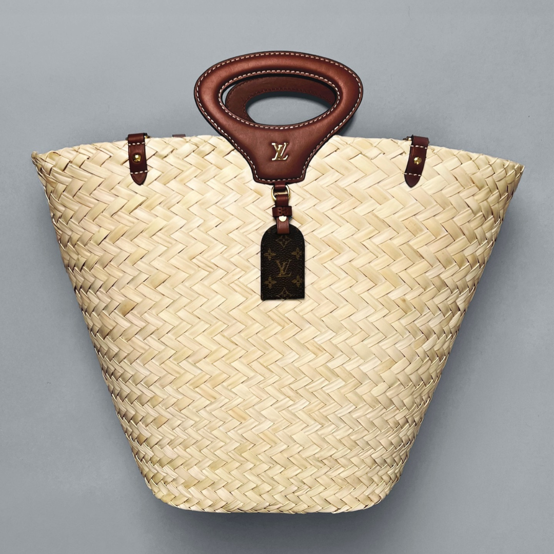 Woven Palm Basket Tote Bag with Tan Leather Handle, image 3