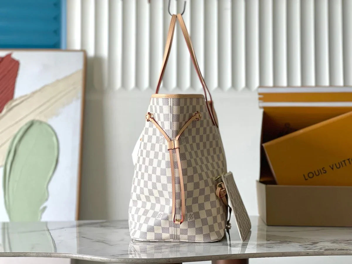 Large Open Tote in Cream Checkered Canvas with Tan Trim, image 2