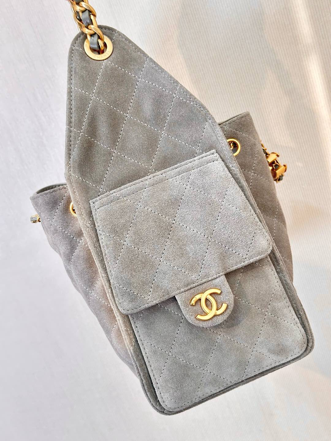 Bucket Bag in Gray Suede with Gold Chain Handles, image 7