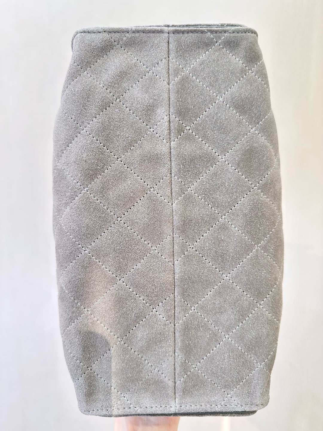 Bucket Bag in Gray Suede with Gold Chain Handles, image 8