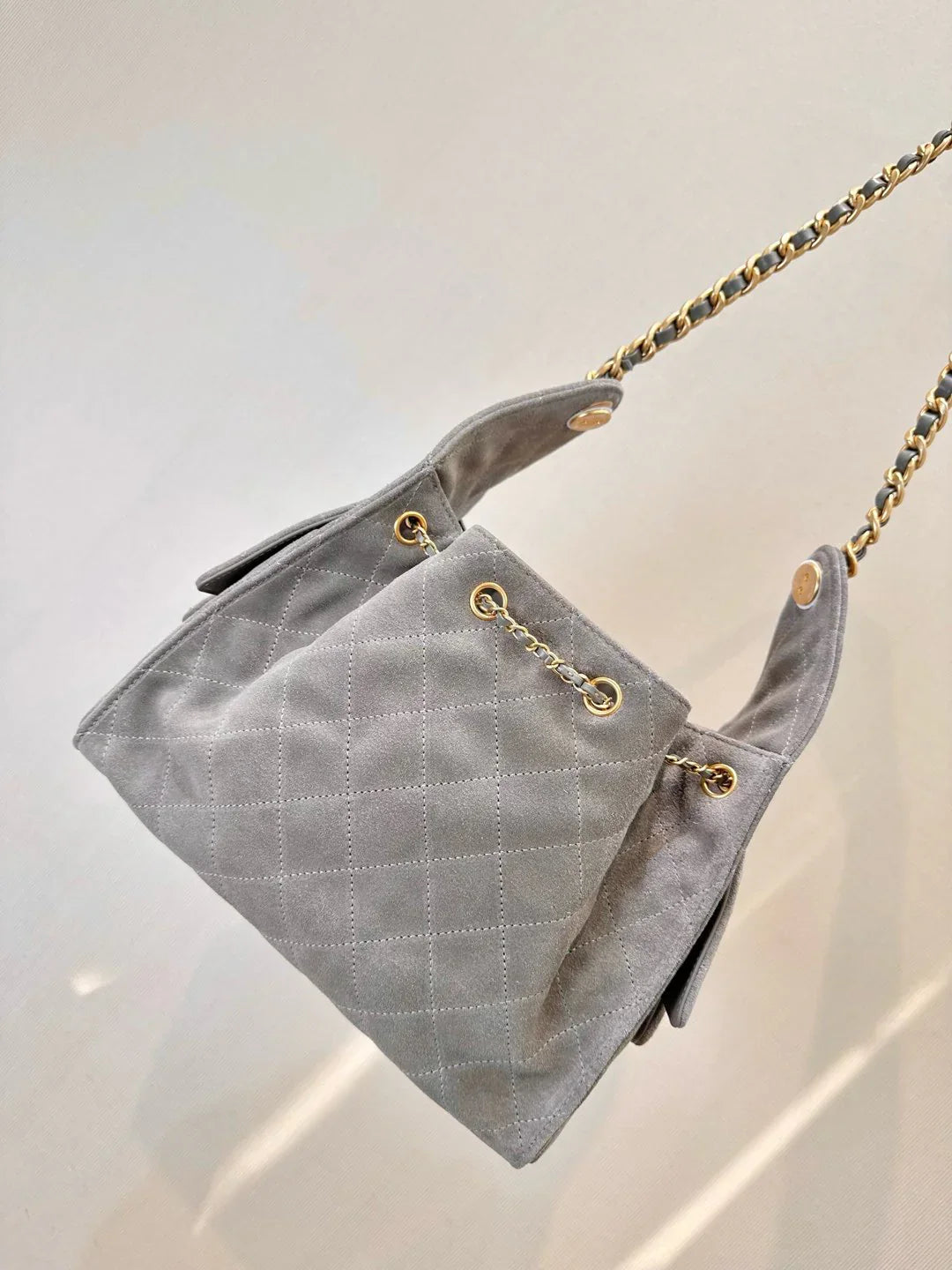 Bucket Bag in Gray Suede with Gold Chain Handles, image 6