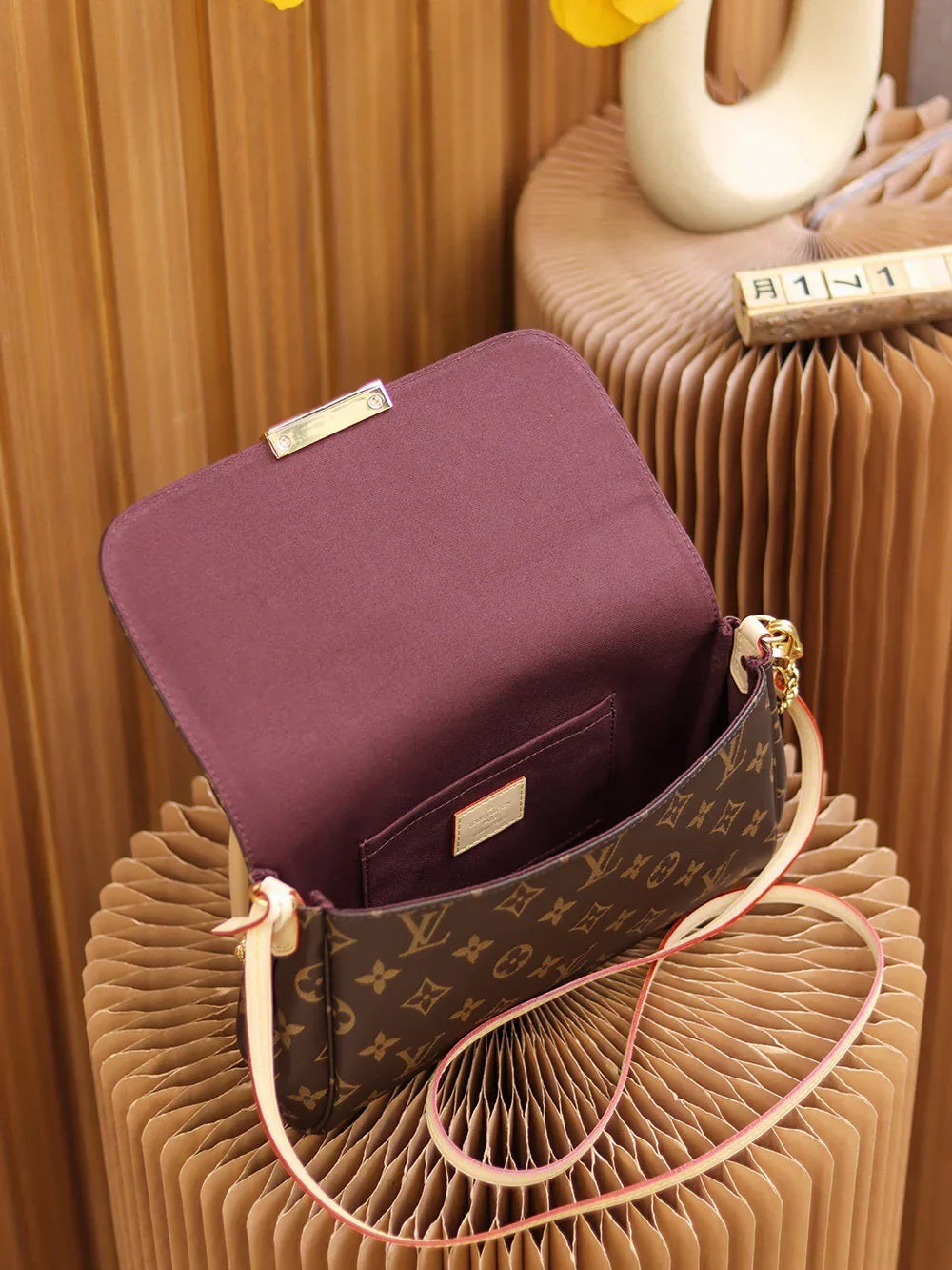 Curved Flap Crossbody in Brown Printed Canvas with Gold Chain, image 8