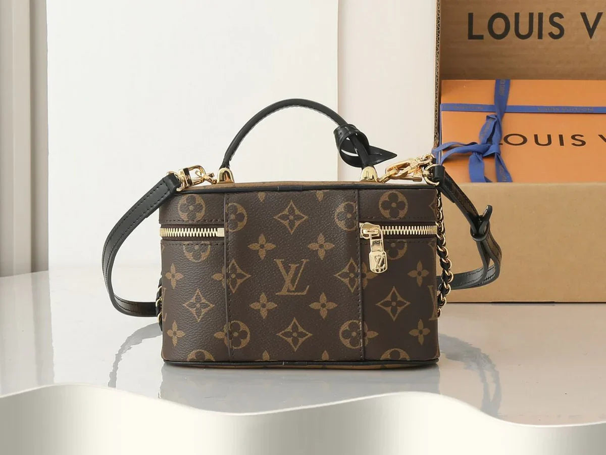 Vanity Case Bag in Brown Coated Canvas with Gold Chain, image 3