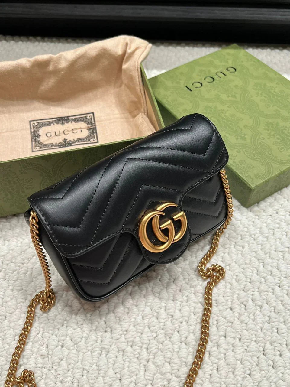 Mini Flap Bag in Black Chevron Quilted Leather with Gold Chain, image 3