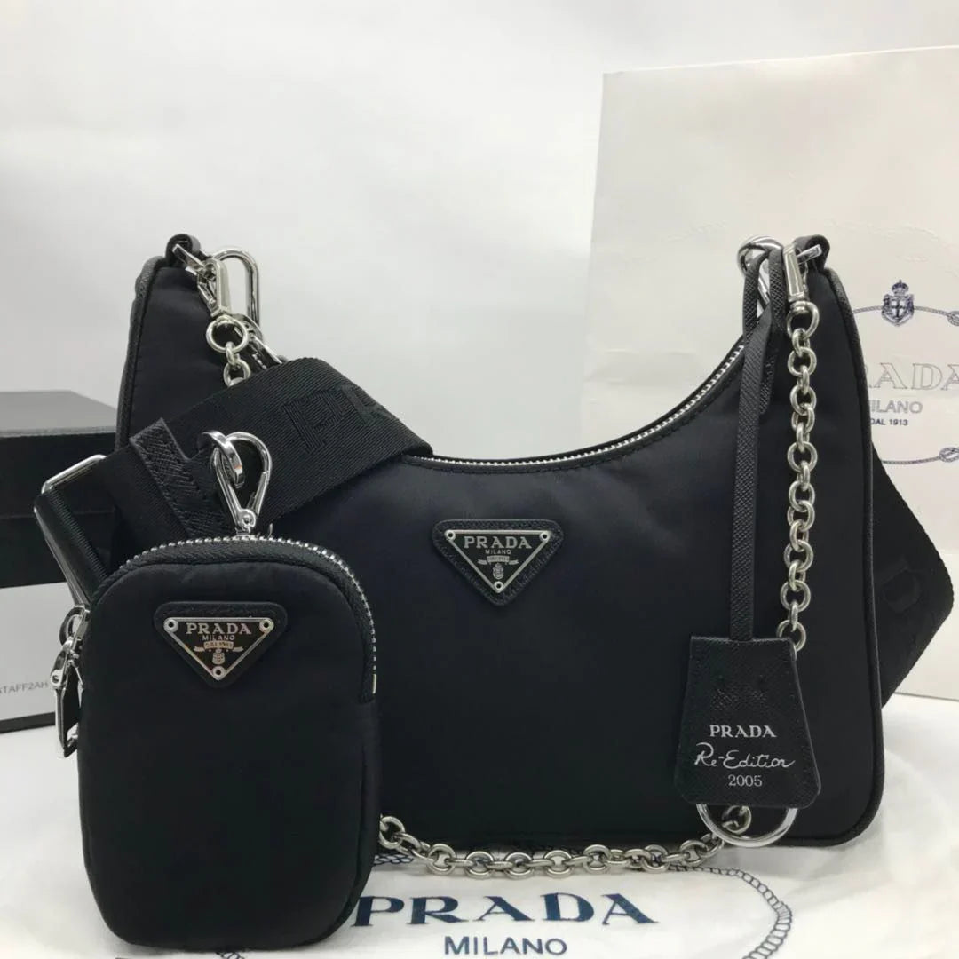 Hobo Shoulder Bag in Black Nylon with Mini Pouch