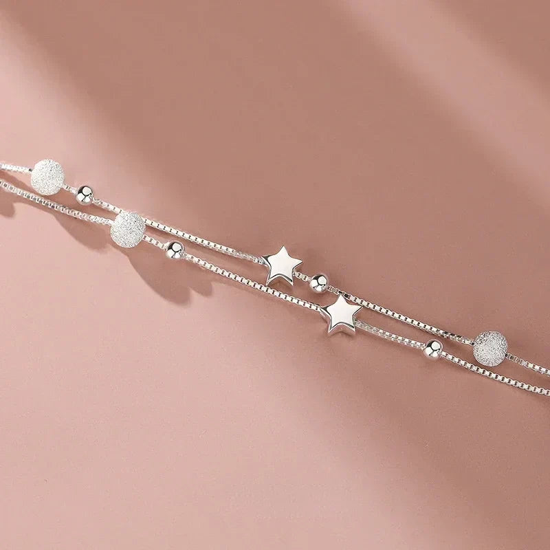 Silver Double Chain Bracelet with Stars and Frosted Beads, image 4