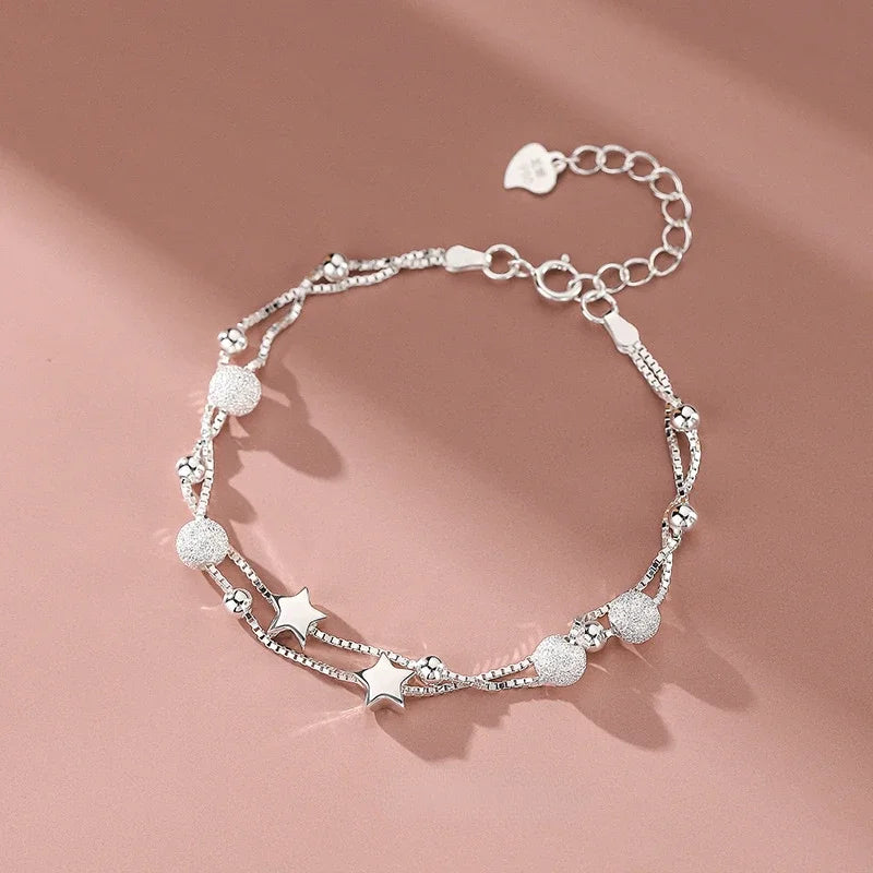 Silver Double Chain Bracelet with Stars and Frosted Beads, image 2