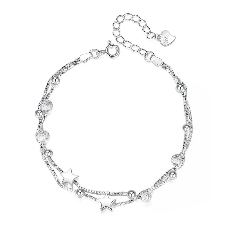 Silver Double Chain Bracelet with Stars and Frosted Beads, image 5