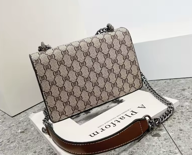 Flap Shoulder Bag in Beige Coated Canvas with Silver Chain, image 4