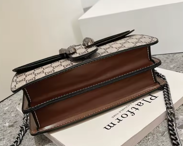 Flap Shoulder Bag in Beige Coated Canvas with Silver Chain, image 3