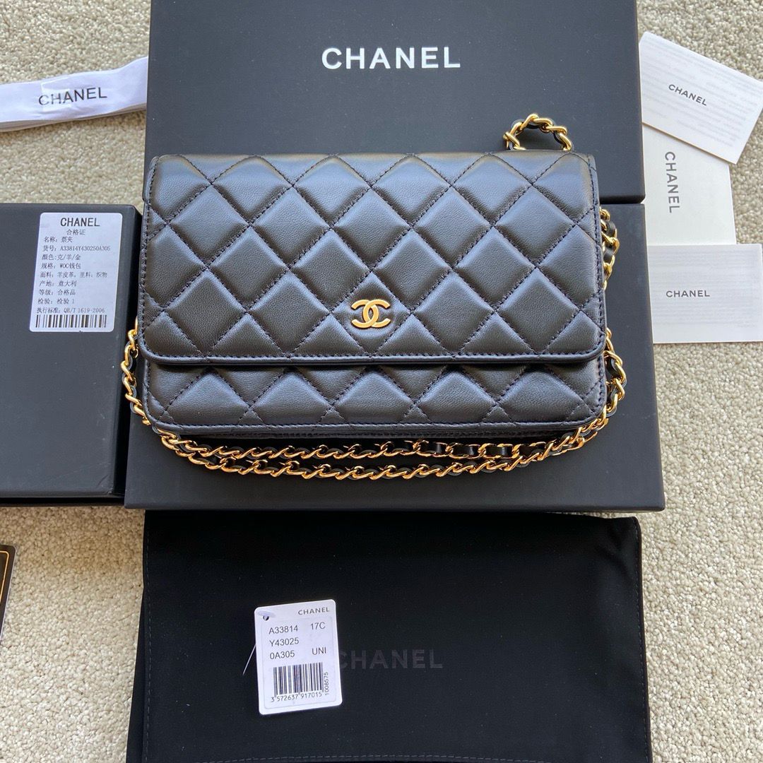 Chain Wallet in Black Quilted Lambskin with Gold Hardware, image 3