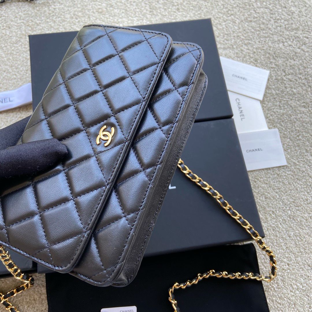 Chain Wallet in Black Quilted Lambskin with Gold Hardware, image 5