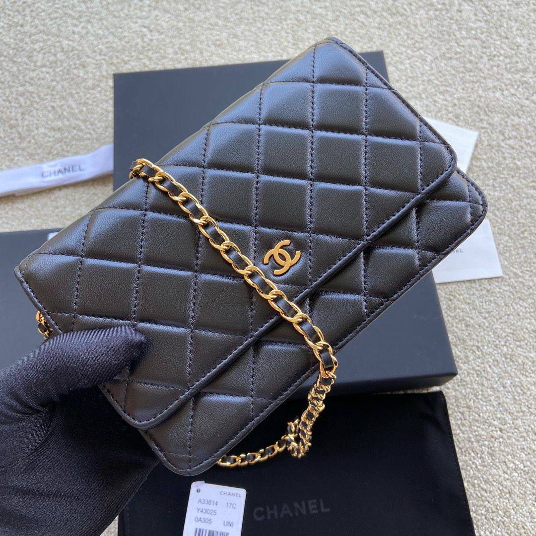 Chain Wallet in Black Quilted Lambskin with Gold Hardware, image 4