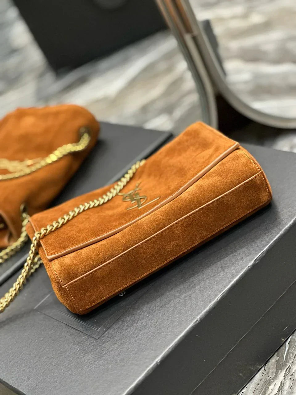 Flap Shoulder Bag in Tan Suede with Gold Chain and Tassel, image 6