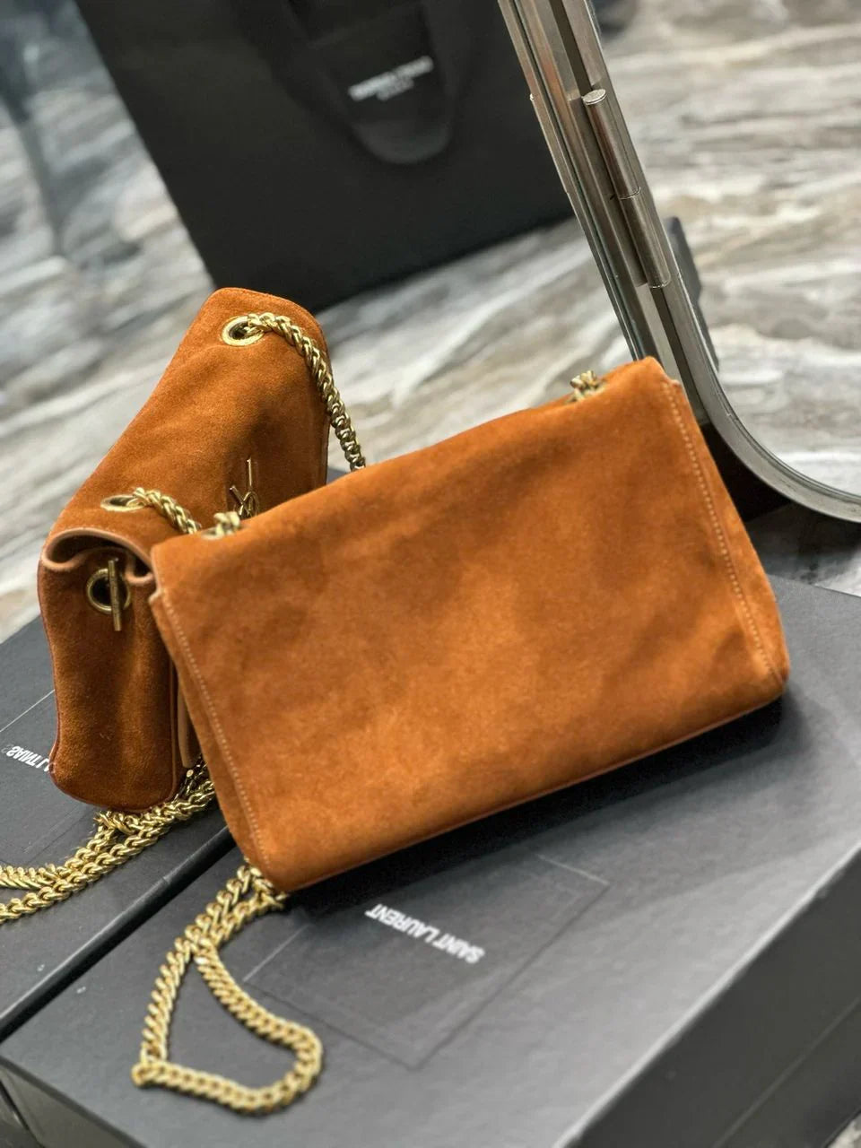 Flap Shoulder Bag in Tan Suede with Gold Chain and Tassel, image 5