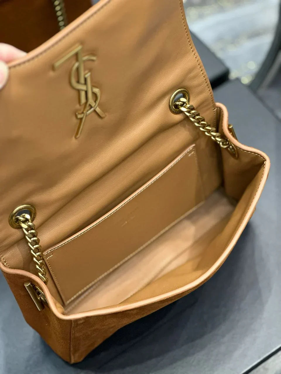 Flap Shoulder Bag in Tan Suede with Gold Chain and Tassel, image 9