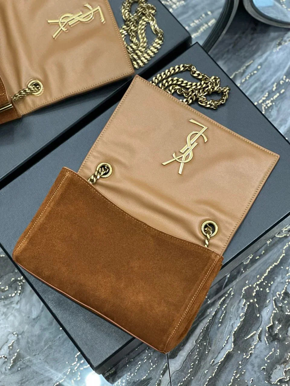 Flap Shoulder Bag in Tan Suede with Gold Chain and Tassel, image 7