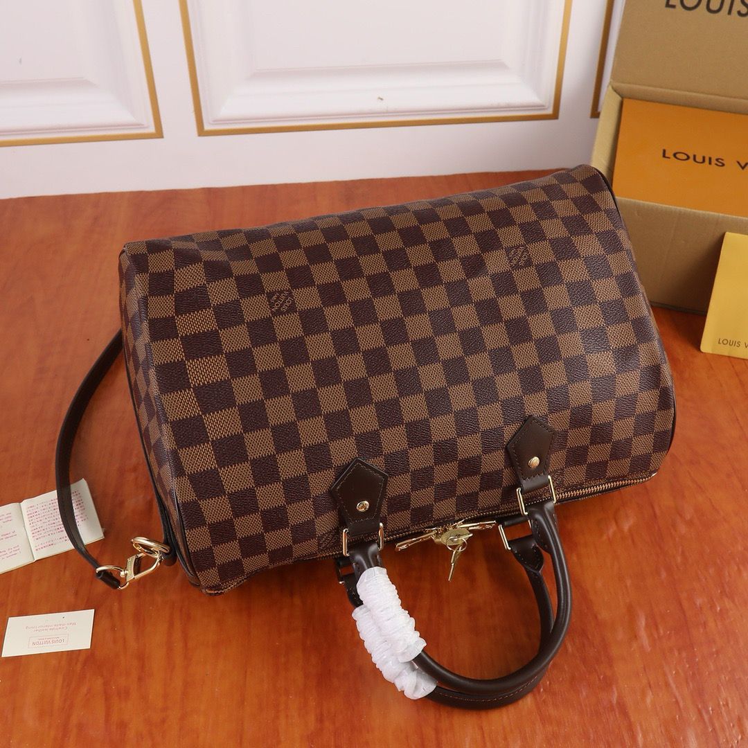 Barrel Duffel Bag in Brown Checkerboard Canvas with Strap, image 4